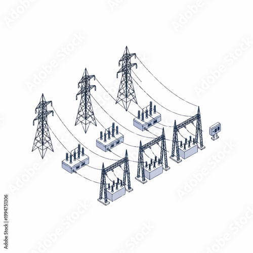 Electrical substation with power lines and transformers.