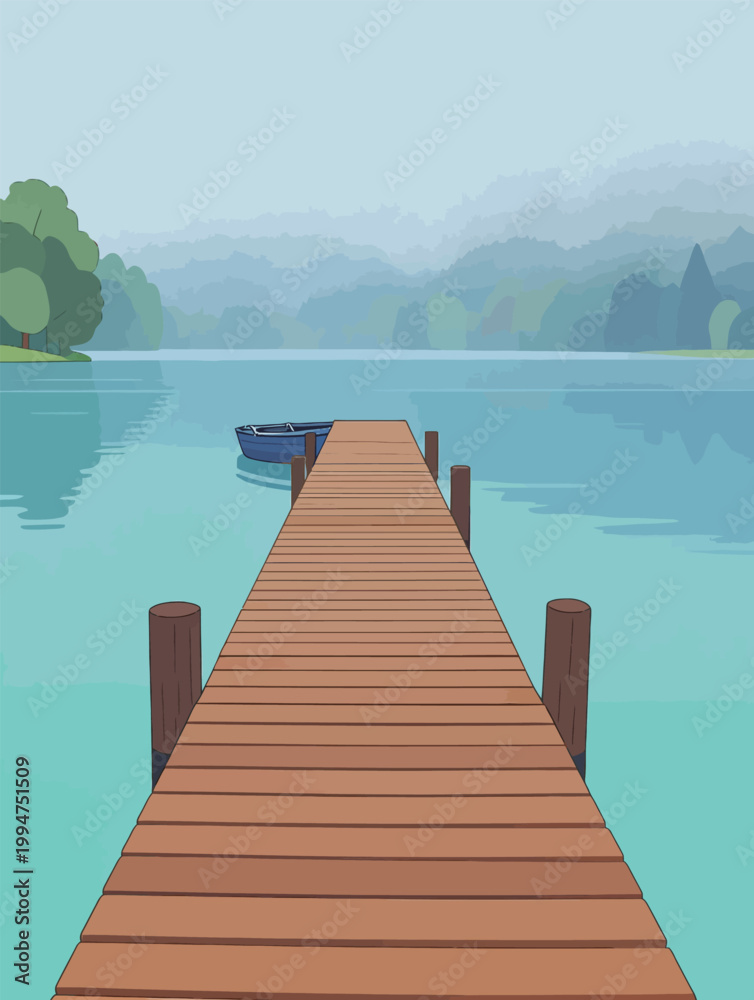 Fototapeta premium Serene Wooden Pier on Calm Lake with Forest