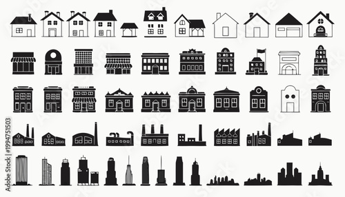 Collection of various buildings and architectural structures in black and white