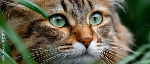 Mystical Cat in the Greens: Close-up of a captivating cat with mesmerizing green eyes and a thick, patterned coat, partially hidden amongst lush green foliage.