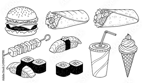 Street Food Vector Collection – Hand Drawn Fast Food Sketch Elements Set