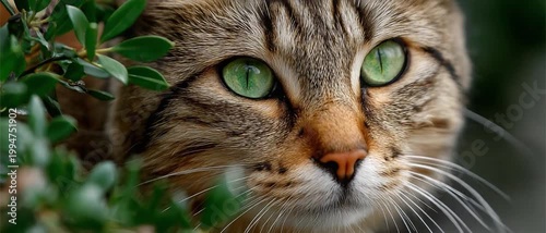 Curious Gaze: A captivating close-up portrait of a domestic cat with striking green eyes, peeking through lush greenery.
