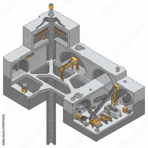 Industrial complex with cranes and machinery inside a concrete structure.