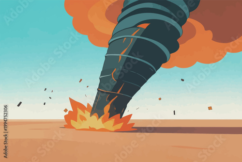 Tornado Destroying Landscape with Fire and Debris