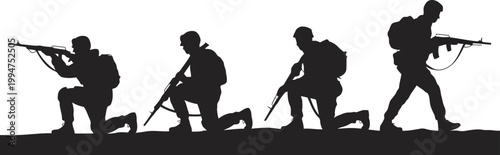 Group of armed soldiers in silhouette moving forward during a tactical mission in the field