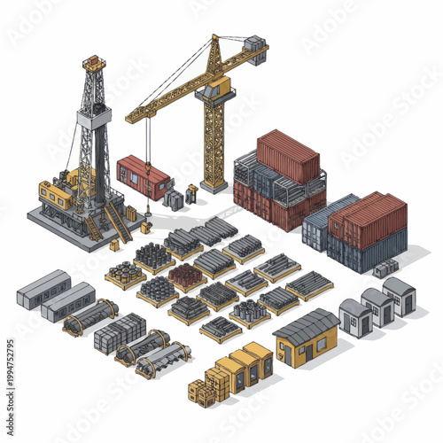 Industrial construction and logistics isometric elements collection.