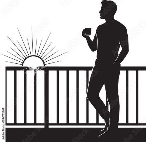 Silhouette of man on balcony holding coffee cup watching sunrise new day begins with bright sun rays.