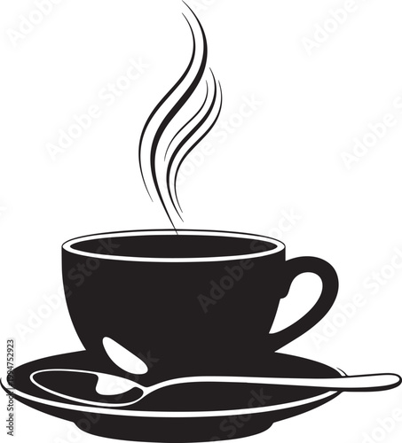 Black silhouette of steaming coffee cup on saucer with spoon and wavy steam isolated on checkered background.