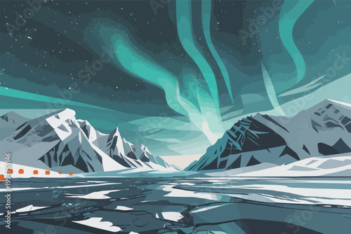 Aurora Borealis Over Snowy Mountains