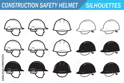 Construction safety helmet silhouettes collection isolated on white with industrial hard hat symbols