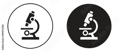 Microscope icon set black and white circular lab symbol vector designs for science research, education, and laboratory analysis concepts