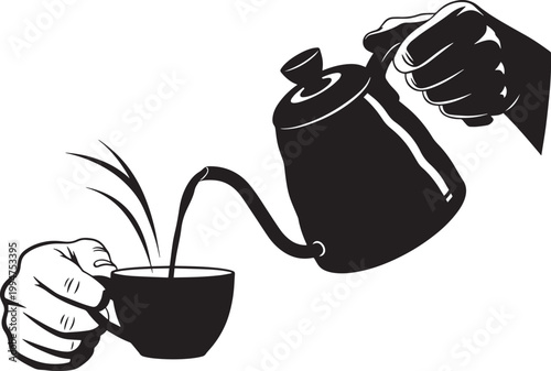 Hand pouring hot water from kettle into coffee cup for pour over brewing method, detailed preparation.