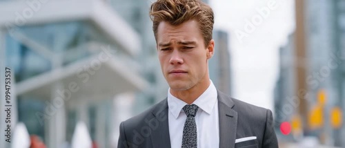 Solemn contemplation in the city: A poised figure of a businessperson lost in deep thought, capturing the subtle emotions in an urban landscape setting.