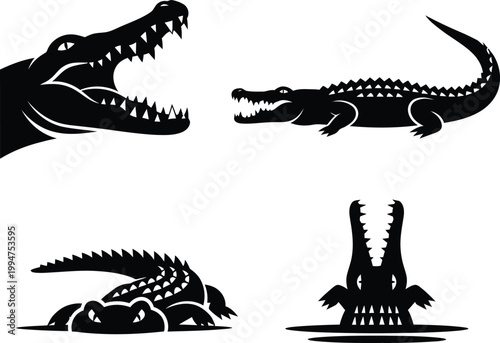 Black silhouettes of crocodiles in different poses white background reptiles