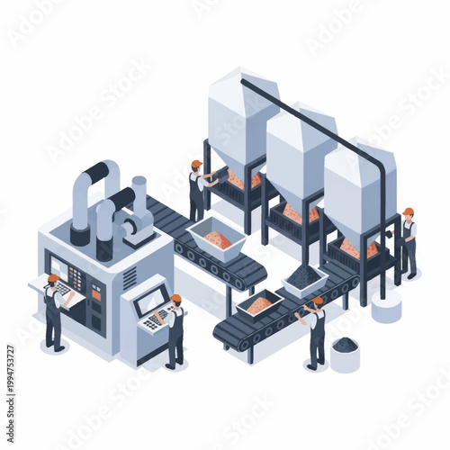 Industrial manufacturing plant with automated machinery and workers.