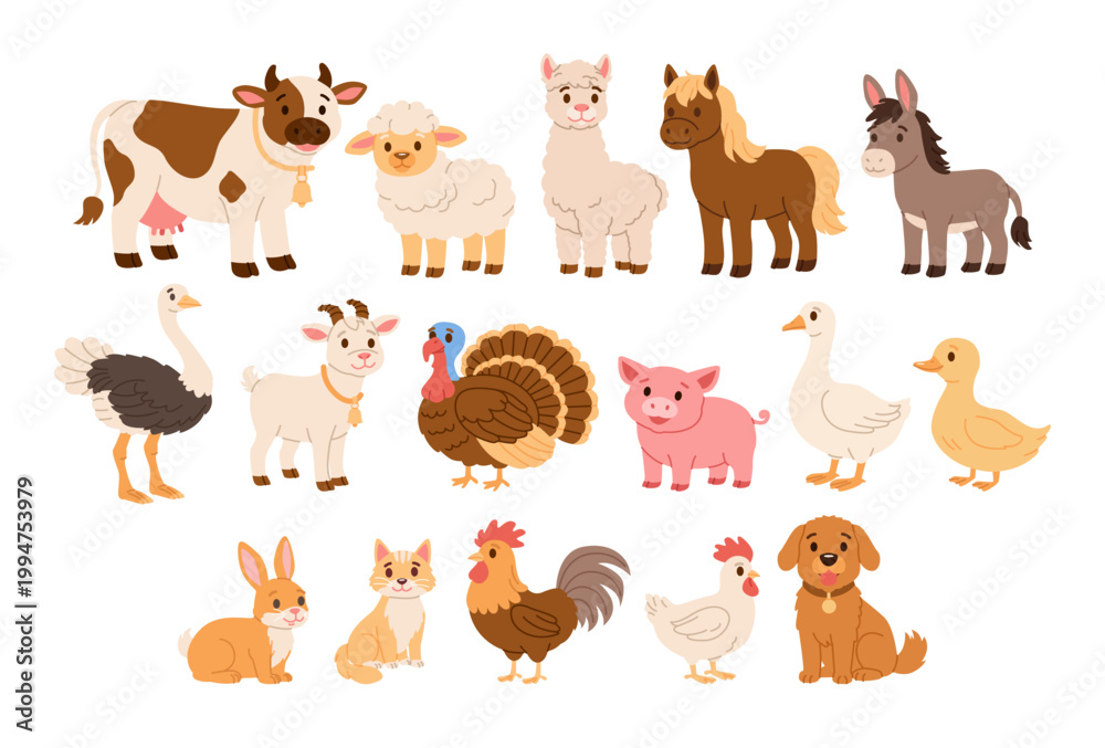 Obraz premium Farm Animals Set - Cow, Sheep, Alpaca, Horse, Donkey, Ostrich, Goat, Turkey, Pig, Goose, Duck, Rabbit, Cat, Rooster, Chicken and Dog. Cute Pets Flat Vector Illustration.