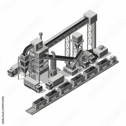 Industrial mining and processing plant with trucks and trains.