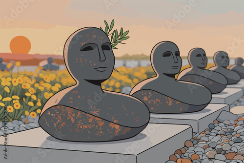 Row of Stone Busts with Olive Branch in Abstract Landscape