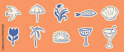 Vector hand drawn sketch doodle illustrations in naive art style, summer sea and beach vacation theme, stickers 