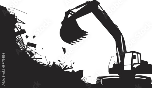 Large heavy machinery excavator working on a demolition site clearing rubble and debris for urban development
