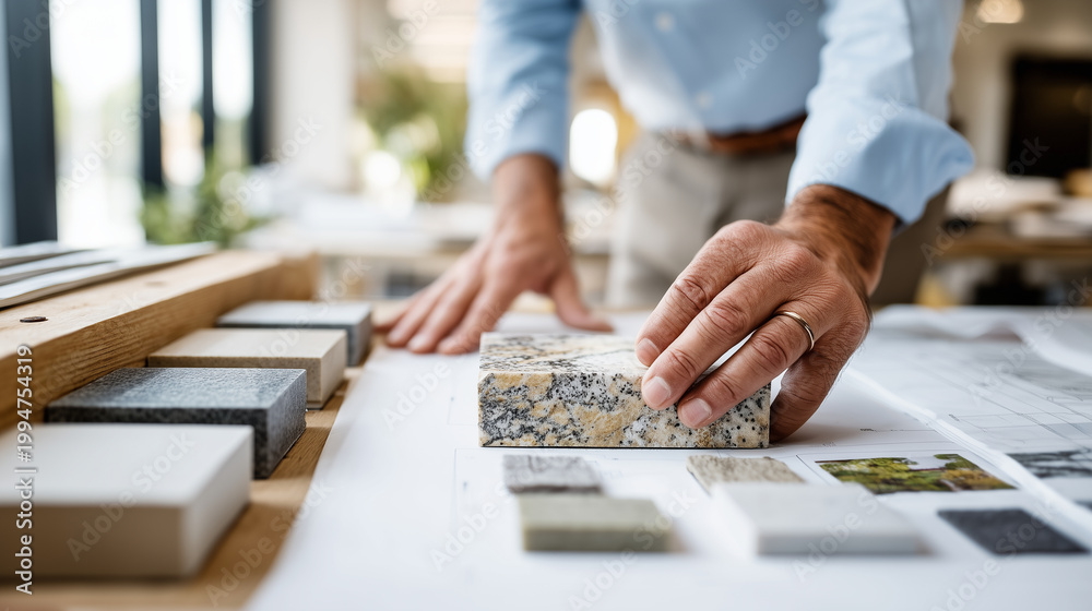 Fototapeta premium A professional photo in the style of an architectural firm: plans, lined-up stone samples, natural light, a studio atmosphere, hands exploring veins