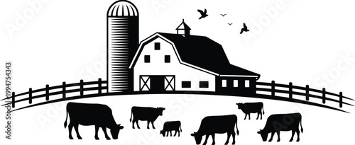 Minimalist farm scene silhouette with barn and grazing cattle for agricultural and rural design projects