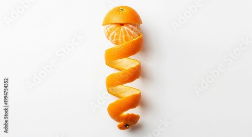 Spiral orange peel with fresh fruit segments, creative citrus food art on white background, minimalist orange zest concept for healthy lifestyle