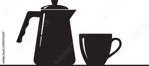 Black silhouette of traditional coffee pot and mug isolated on background for kitchen cafe and restaurant menu design elements.