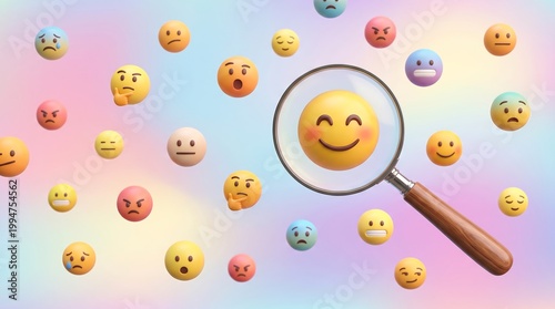 Customer giving rating for experience with magnifying glass on smiling emoji
