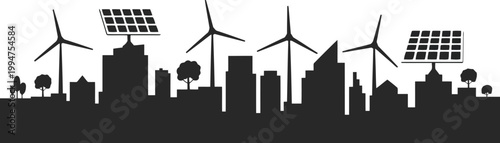 Modern urban city skyline integrating sustainable energy sources like wind turbines and solar panels for environment