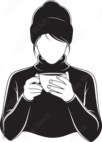 Silhouette of a woman in a turtleneck and beanie holding a coffee cup, conveying warmth and comfort on a cool day on transparent background.