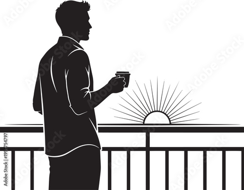 Man silhouette drinking coffee on balcony overlooking sunrise, calm morning mood, peaceful moment.