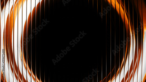 Liquid glass abstract artistic composition featuring vibrant glowing orange and white vertical lines creating a dynamic circular motion with rhythmic light patterns