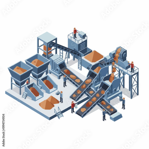 Industrial processing plant with conveyor belts and workers.