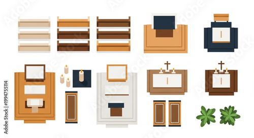 Top View Religious Building Vector Set with Pews Altars Prayer Mats Candles Podiums and Decorative Plants for Floor Plans