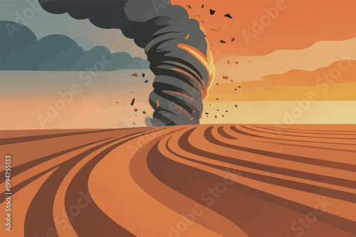 Tornado in Agricultural Landscape with Orange Sky