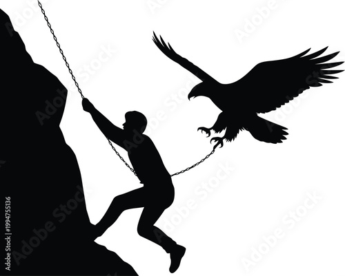 Silhouette illustration of a determined mountain climber scaling a cliff face with a soaring majestic eagle