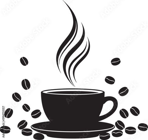 Black silhouette of hot steaming coffee cup with coffee beans around it isolated on checkered background.