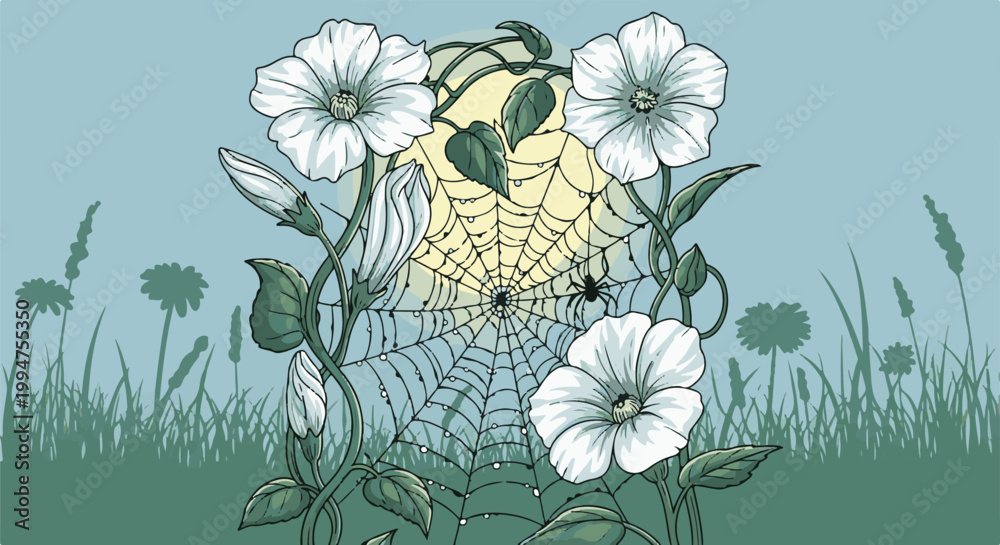 Fototapeta premium White morning glories entwine around a dew-kissed spiderweb under a soft moon