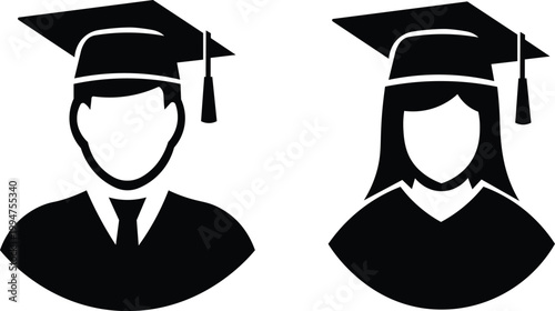 Male and female graduate avatar icons. Two minimalist silhouettes of graduates, one male and one female, rendered in a professional black-and-white style.