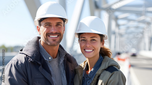 a man and a woman, 30 years old, wearing white safety helmets, standing in front of a bridge smiling, in beautiful sunshiny weather, in the style of a high quality photograph