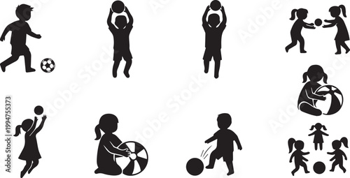 Black silhouettes of children playing with soccer balls and a volleyball isolated on white background