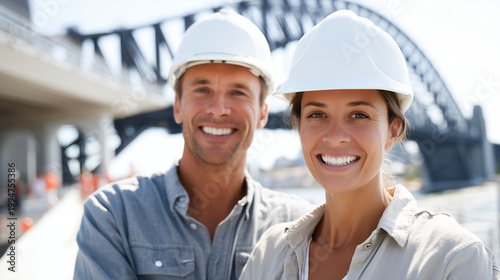 a man and a woman, 30 years old, wearing white safety helmets, standing in front of a bridge smiling, in beautiful sunshiny weather, in the style of a high quality photograph