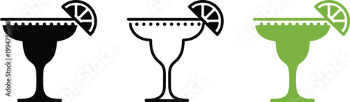 Margarita glass icons three cocktail glass silhouettes with salt rim and lime slice flat monochrome outline and full color vector illustration