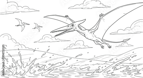 Pterodactyl Flying Over Ocean Waves Coloring Page Vector Illustration Featuring Prehistoric Flying Dinosaurs and Clouds for Kids Activity Book Design