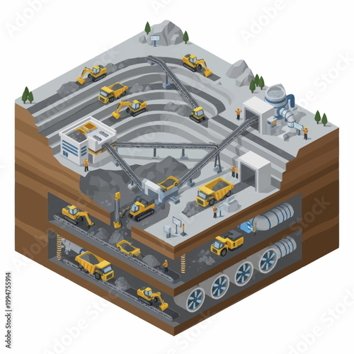 Isometric view of an open pit mine with heavy machinery and underground tunnels.