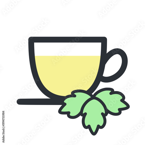 ミントの葉を添えたハーブティーのカップのシンプルなアイコンイラスト