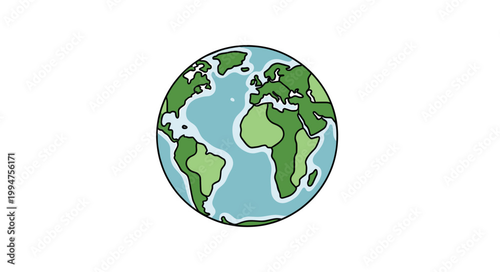 Fototapeta premium Cartoon illustration of the Earth globe showing continents and oceans in a simple, stylized design on a white background.