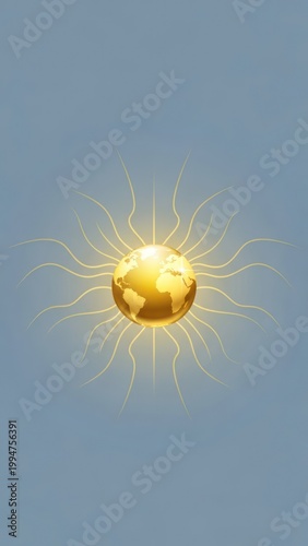 A bright yellow 3d vector illustration of the sun on a blue sky designed as a solar energy symbol with an orange fire flame and glowing sphere logo