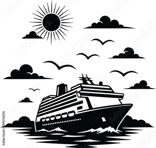 Black silhouette cruise ship ocean